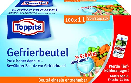 Toppits Gefrierbeutel Vorratspack, 1 Liter, 100 Stück, Standboden, Transparent