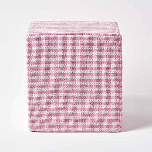 HOMESCAPES Vichy-Karo Sitzwürfel 36x38 cm, Pouf rosa-weiß mit Karo-Muster, Würfel-Hocker handgefertigt mit Bezug aus Baumwolle, Stoffhocker kariert