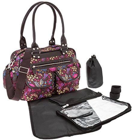 6 TEILE Set: ALESSANDRO Wickeltasche FLEUR Babywickeltasche + Wickelmatte + Windeltasche + Wäschesack + Flaschentasche + Wagen Fix // Paisley VIOLETT BR 5