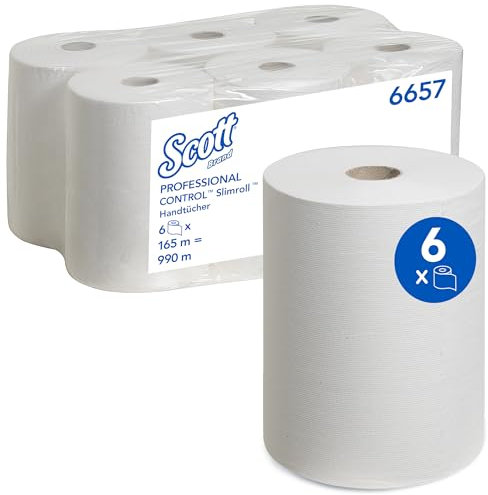 Scott gerollte Papierhandtücher Slimroll 6657, 1-lagige, saugfähige und reißfeste Papierhandtuchrollen, FSC-zertifiziert, weiße Handtücher für Spender, 6 Rollen x 165 m, (990 m insg.)