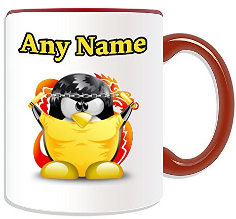 Personalisierbares Geschenk – Bruce Lee Tasse (Pinguin Historie, Promi, Kostüm-Design, Farbe) mit Namensnachricht, einzigartiger Stern, Silly Funny Novelty Schauspieler Martial Art Jeet Kune Do JKD