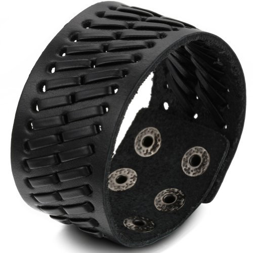JewelryWe Schmuck 3,5cm Breite geflochten Kunstlederband, Unisex Legierung Armband, Armreif, Schwarz