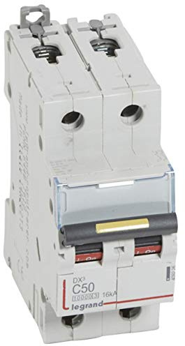 Legrand 409226 Disjoncteur DX³10000 16kA arrivée haute et départ bas à vis, 2P, 230V~ à 400V~, 50A, courbe C, 2 modules