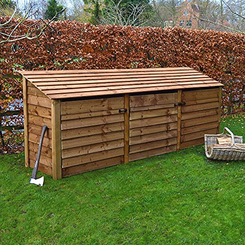 Rutland County Garden Furniture EMPINGHAM LOG STORE/GARDEN STORAGE, 11ft WIDE X 4ft HIGH, WOODEN, WITH DOORS, BROWN, HEAVY DUTY, HAND MADE, PRESSURE TREATED.