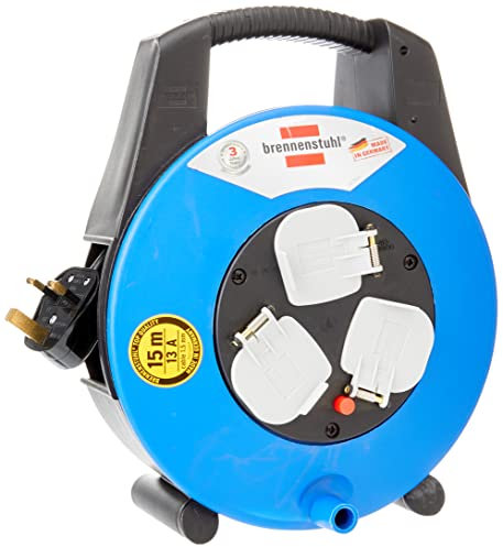 Brennenstuhl Vario Line 3-way socket cable box (15m extension cable, portable), small plastic cable reel box with carry handle, cable colour: black