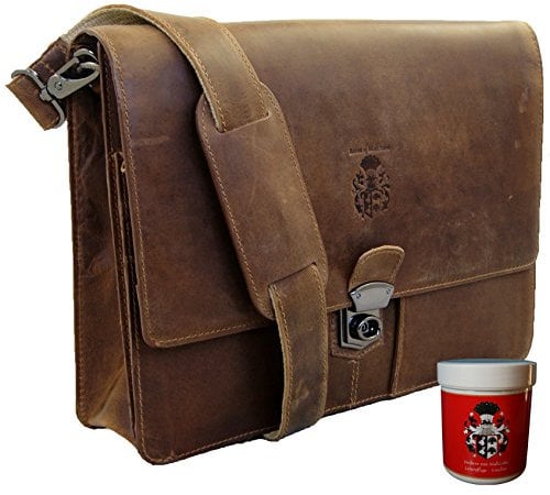 BARON of MALTZAHN Aktenmappe Collegemappe SCHILLER, 36 cm, braun, Leder, Schultergurt + Lederpflege