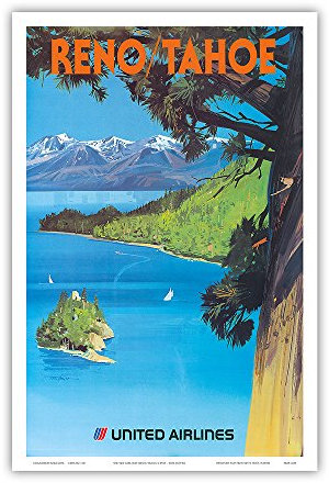 Pacifica Island Art Reno, Nevada - Lake Tahoe, Kalifornien - United Air Lines - Vintage Airline Travel Poster von Tom Hoyne C.1965 - Master Art Print 12 x 18