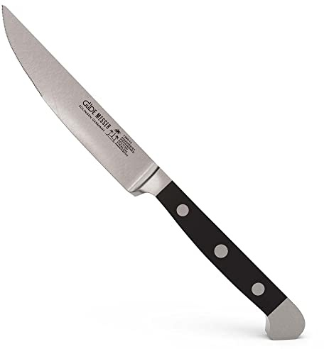 GÜDE Solingen - Porterhouse Steakmesser Gezahnt geschmiedet, Klingenlänge: 12 cm, Serie: ALPHA. - Doppelkropf, Handmade Germany, Griff: POM schwarz