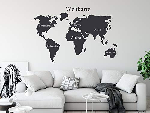 GRAZDesign Wandtattooo Weltkarte | Größe XXL Wandaufkleber Wohnzimmer mit Kontinenten - 86x57cm / 073 dunkelgrau