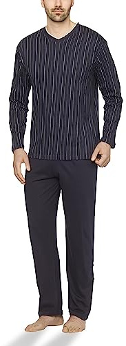 Moonline Herren Schlafanzug lang 100% Baumwolle | Pyjama von Größe M bis 6XL aus weichem Baumwolljersey, langes Homewear-Set gestreiftes Shirt mit V-Ausschnitt, Gummizugbund