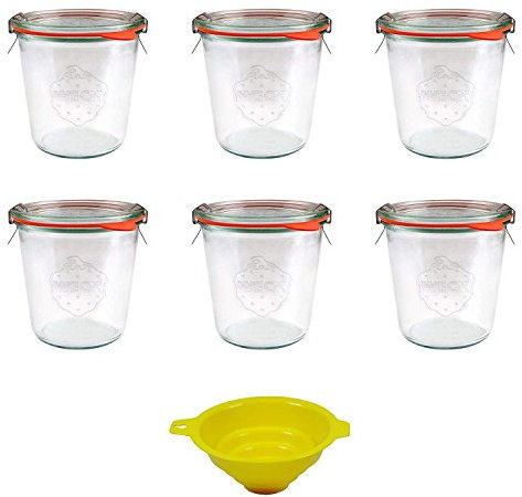 6 Weckgläser / Rundrandgläser in Sturzform 500 ml (auch gut geeignet für Kuchen im Glas) inkl. Klammern+Ringe und einem gelben Einfülltrichter mit Arretierung