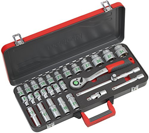 Meister Steckschlüssel-Satz 28-teilig - 1/2 Zoll Antrieb - Große Ziffern - Chrom-Vanadium-Stahl - Robuster Metallkoffer - Gekröpfte Umschaltknarre / Knarrenkasten / Ratschenkasten / 8429100