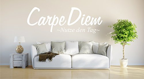 INDIGOS UG - Wandtattoo Wohnzimmer - Wandaufkleber Carpe Diem - Genieße den Tag - 120cm x 37cm - weiß E947 - Aufkleber Kinderzimmer Schlafzimmer Küche Badezimmer Büro Dekoration