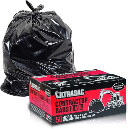 Ultrasac Bolsas para contratistas resistentes (paquete de 50 lazos), 42 galones, 32.7 x 47 pulgadas, bolsas de basura industriales grandes negras de 3 mil de grosor para construcción y uso comercial