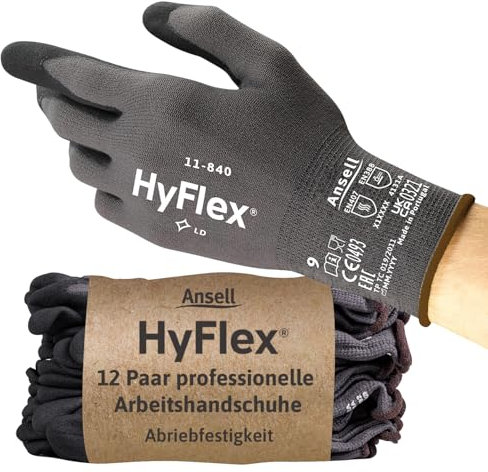 Ansell HyFlex 11-840 Professionelle Arbeitshandschuhe, Rutschfeste Nitril-Beschichtung, Industrie-Schutzhandschuhe für Mechanik und Werkstatt, Montagehandschuhe, Schwarz, Größe 2XL (12 Paar)