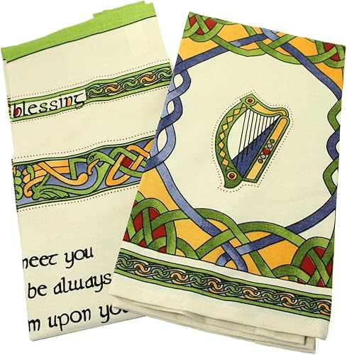 Royal Tara Geschirrtuch Handtuch Tea Towel Set mit Irisch Segen, Harfe, Claddagh Ring, Kleeblatt Shamrock und Hohes Kreuz Design