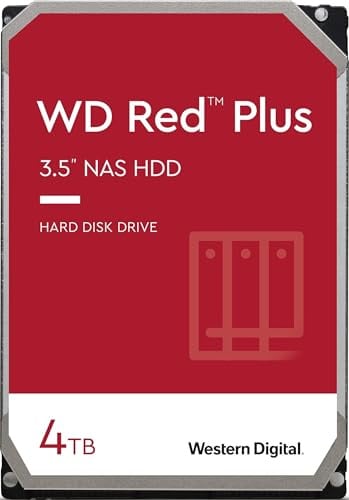 WD WD40EFRX Red Plus Intern hårddisk, 4 TB NAS 3,5 tum NASware 3.0-5400 varv/rpM-klass, SATA 6 Gb/s, CMR, 64 MB cache, Röd