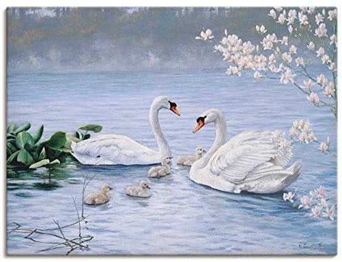 ARTLAND Wanddeko Leinwand Bilder Wandbild 60x45 cm Schwan Tiere Vögel Schwanfamilie Natur See Landschaft Malerei Kunst B0PE