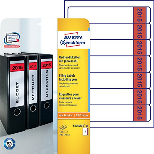 AVERY Zweckform L4760J15-20 Ordner-Etiketten mit Jahreszahl 2015 (A4, 140 Stück, 38 x 192 mm) 20 Blatt weiß/rot