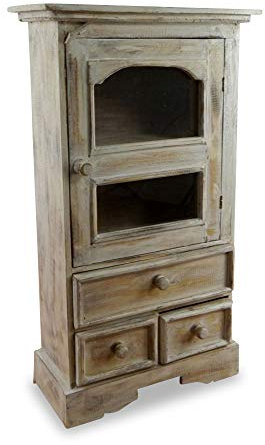 Balinesische Vitrine mit DREI Schubladen, Küchen- Esszimmerschrank, Landhausstil, aus Bali (Handarbeit) (Whitewash/weiß)