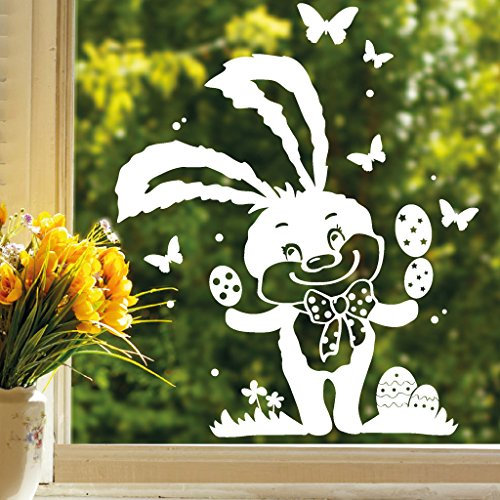 Wandtattoo-Loft Fensteraufkleber Osterhase mit Ostereiern, Schmetterlingen und Punkten/Fensteraufkleber/Sticker / 29 Farben/türkis /