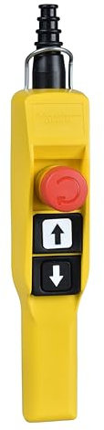 Schneider Electric Pendant control station, Harmony XAC, plastic, yellow, pistol grip, 2 booted push buttons with 1NO, 1 emergency stop NC