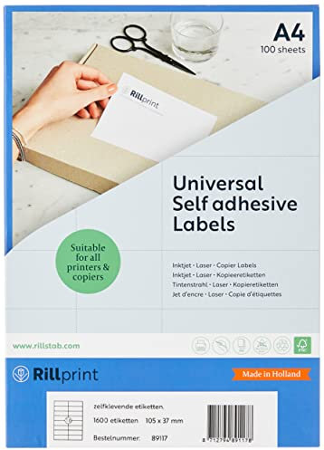 Rillprint Vielzweck Etiketten Selbstklebend - 1600 Stück – 105 x 37 mm - 16 Klebeetiketten pro A4-Blatt - Bedruckbar & Abziehbar - Universal Adressaufkleber - 100 Blatt, Weiß