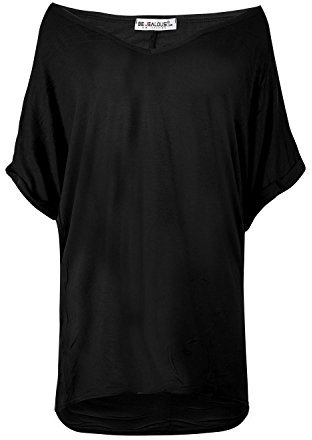 Be Jealous Womens Plain Turn Up Sleeve V Neck Baggy T-Shirt Black S/M (UK 8/10)