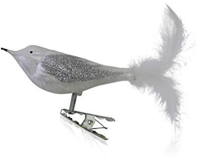 Lauschaer Glas Christbaumschmuck Vögel mit Federschwanz Eislack weiß mit Dekor 3 Stück Christbaumschmuck Weihnachtsbaumschmuck mundgeblasen handdekoriert