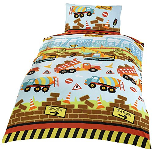 Kidz Under Construction Bettwäsche-Set für Einzelbett, Bagger und Lastwagen, Baumwolle Polyester, Mehrfarbig