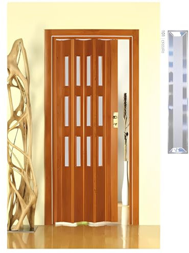 Forte Porta a Soffietto Giulia in PVC, Resistente agli urti, Riducibile, Kit completo di serratura, 88,5L x 214H cm, Effetto Legno Ciliegio con vetro molato neutro