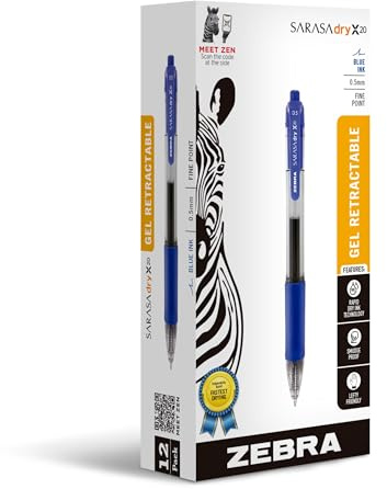 Zebra Pen SARASA X20 Retractable Gel Pen, Blue Ink, 0.7mm, 12-Pack