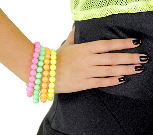 Foxxeo 80er Jahre Neon Armbänder - 4er Set - pink gelb grün orange - Accessoires Schmuck Perlen Armband zum Bad Taste Kostüm