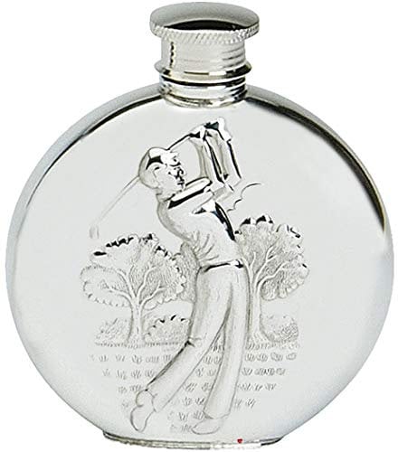 Pewter Hip Flask Golfing Picture Scene Round Shape Engravable 6oz Screw Top