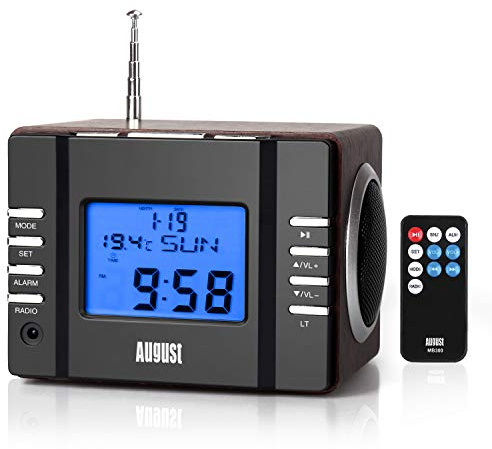 August SE20 - Portable Alarm Clock Radio with Bluetooth Speaker - Mini MP3 Stereo System with Card Reader/USB and AUX in / 2x3W Stereo Speakers/Rechargeable Battery