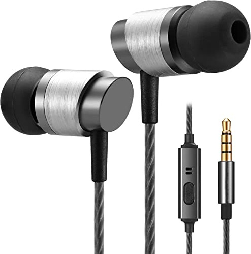 Betron KRTE90 Wired In Ear Earphones with Mic and 3.5mm Jack, Black | Sound Isolating Aluminium Housing, Built In Microphone, Tangle Free Cord, 3 Sizes of Silicone Earbuds, Storage Case