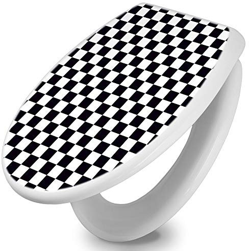 banjado Toilettendeckel mit Absenkautomatik 44,5x37cm / WC Sitz mit Absenkautomatik/Toilettensitz Duroplast mit Edelstahl Scharnieren/Klodeckel mit Absenkautomatik Motiv Karo Schwarz