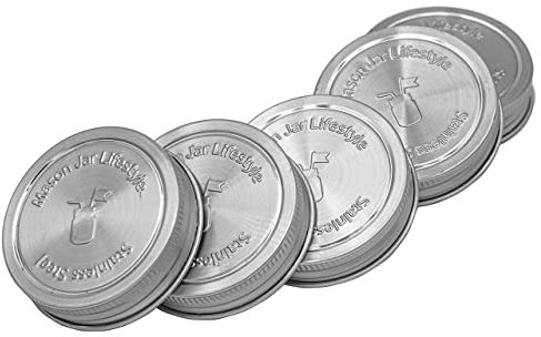 Mason Jar Lifestyle Rust Proof Stainless Steel Storage Lids with Silicone Seals (5 Pack, Regular Mouth)