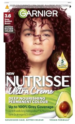 Garnier Nutrisse Ultra Crème Vegan Hair Dye, 3.6 Deep Reddish Brown. Achieve 100% grey coverage and vibrant, warm 8-week colour. This no-ammonia, vegan formula delivers a rich, reddish-brown hue.