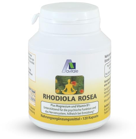 Avitale Rhodiola Rosea 200 mg + Magnesium und Vitamin B1, 120 Kapseln | Hilfreich bei Ermüdung, unterstützend für die psychische Funktion und das Nervensystem: Vitamin (60 mg) + Vitamin B1 (1,4 mg)