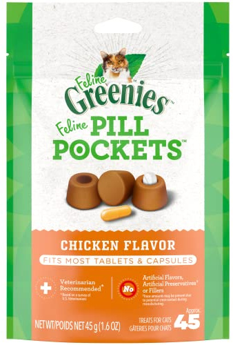 Greenies Feline Pill Pockets for Cats Natural Soft Cat Treats, Chicken Flavor, 1.6 oz. Pack (45 Treats)
