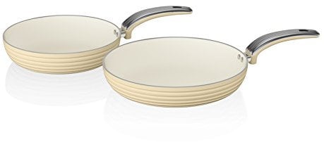 Swan SWPS2010CN Retro Induction Frying Pan Set, Non Stick Ceramic Coating, Easy to Clean, Stay Cool Handles, Cream, 2 Piece, 20/28 cm