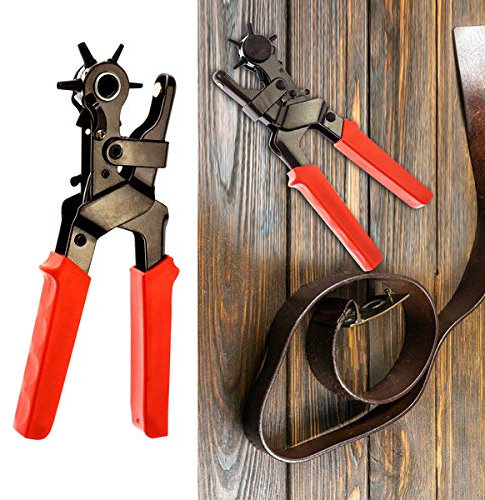 Lochzange Puncher Stanzer für Gürtel Leder Textilien - Leichtgängige scharfe Gürtelzange Zange - Revolverlochzange mit Hebelübersetzung - 6 auswechselbare Lochpfeifen (2-4,5 mm)