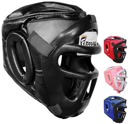 Kopfschutz Boxen 2-in-1 – Verstellbarer Kampfsport Helm mit abnehmbarem Gesichtsgitter Vollgesichtsschutz kopfschutz für MMA, Muay Thai, Kickboxen, Sparring | Männer & Frauen (XL, Black)