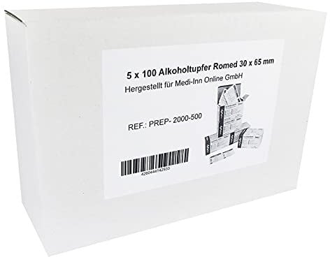 Romed Alkoholtupfer Alkoholpads, 65 x 30 mm 2-lagig, praktisches Set: 5 x 100 = 500 Stück
