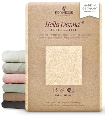 Bella Donna Edel-Frottee Exklusives Spannbettlaken: langlebig, kuschelig | FORMESSE Farbe Champignon; 120x190-130x220cm, bis 25cm; 68% Baumwoll-Kompaktgarn, 30% rec. Polyester, 2% Elastan, Aloe vera