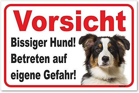 AdriLeo Schild - Vorsicht Australian Shepherd Tri-Color - Bissiger Hund - (20x30cm) / Aussie Achtung Hund Wachhund robust langlebig UV-beständig wetterfestes Warnschild