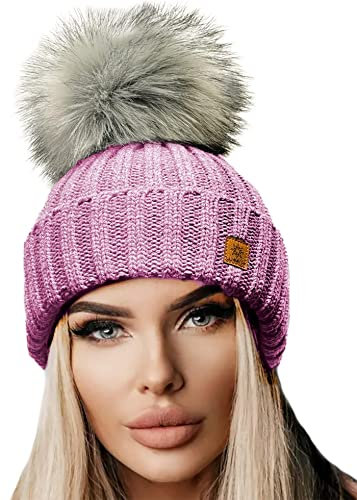 4sold Rita Damen Wurm Winter Style Beanie Strickmütze Mütze mit Fellbommel Bommelmütze HAT SKI Snowboard
