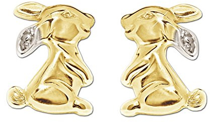 CLEVER SCHMUCK Hasen Gold Ohrstecker 8 x 6 mm bicolor glänzend 333 Gelbgold 8 Karat für Damen im Schmucketui creme