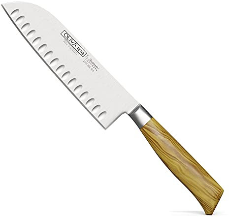 Burgvogel Solingen Santokumesser 18 cm geschmiedet Olivenholz, Oliva Line, rostfrei, deutsches Japanisches Kochmesser mit Kullenschliff, hell, scharf, braun beige, 6100.926.18.6